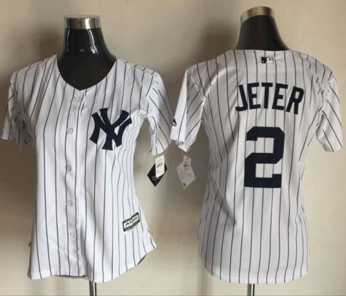 Yankees #2 Derek Jeter White Strip Women's Fashion Stitched MLB Jersey - Click Image to Close